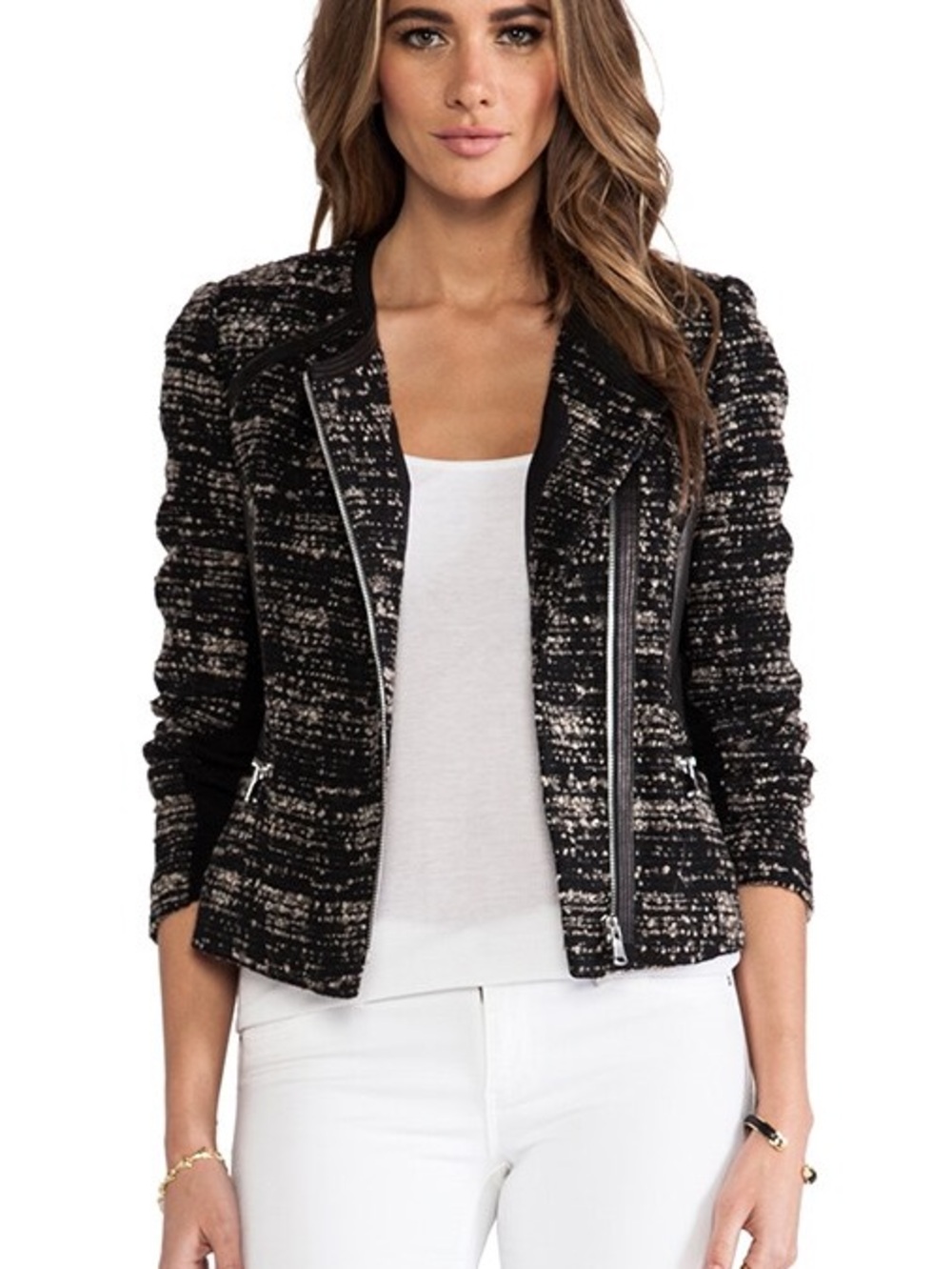 Rebecca Taylor Women’s Boucle Tweed Leather Trim Zip Jacket Blazer Black Size 4